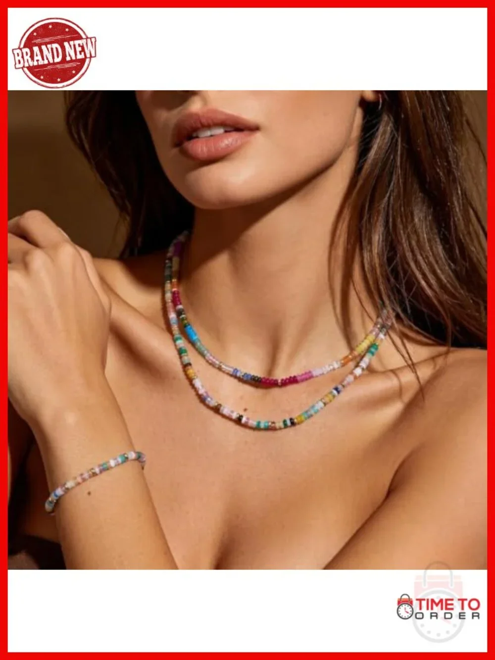 Boho Handmade Gemstone Bead Choker Necklace & Bracelet Set with Gold Spacers